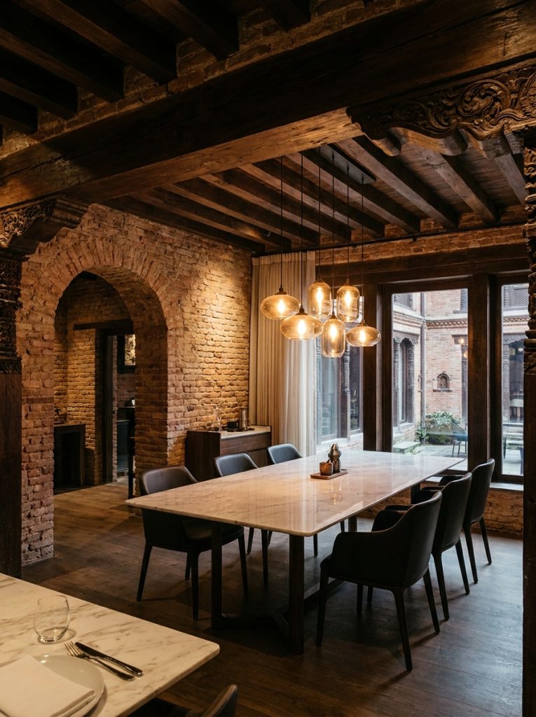 dining area with wooden beams 202606221024